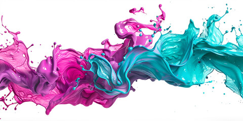 Radiant splashes of magenta and electric teal paint suspended in the air, captured with precision...