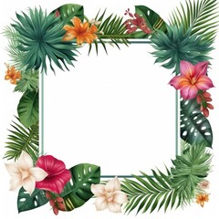 Botanical Floral Frame with Tropical Leaves and Flowers