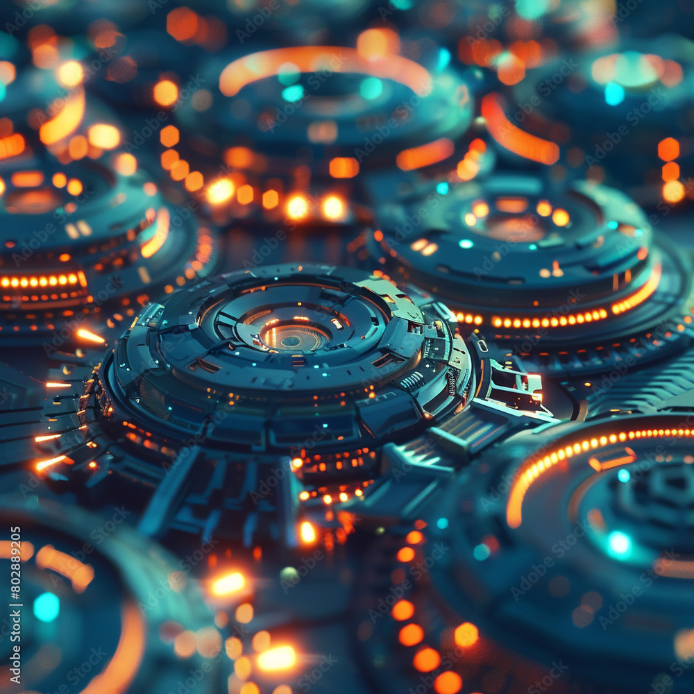 Poster 3d rendering of a futuristic circuit board with glowing orange lights.