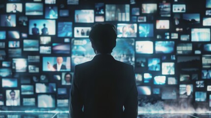Man facing a large display of assorted media screens in a monitoring center.