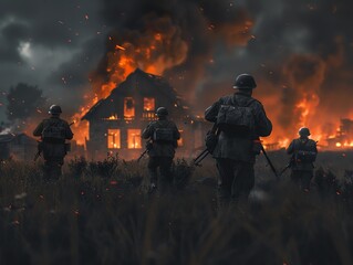 German infantry advancing on a burning village in the Soviet Union Russia Summer of 1941, during World War 2 - obrazy, fototapety, plakaty