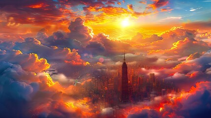 The image shows a beautiful sunset over a city