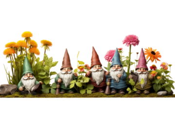 Enchanted Gnomes Gathering in the Verdant Meadow. On a White or Clear Surface PNG Transparent Background.