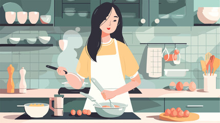 Beautiful young Asian woman with fresh eggs cooking illustration
