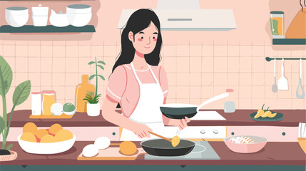 Beautiful young Asian woman with fresh eggs cooking illustration