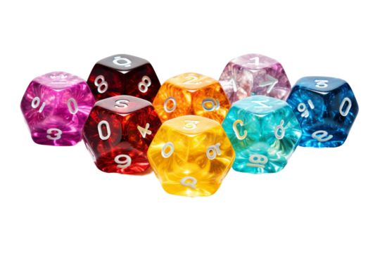 Rainbow Symphony: A Dance of Dice. On a White or Clear Surface PNG Transparent Background.