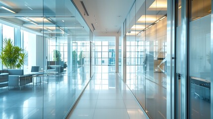 Contemporary office building interior with glass walls.