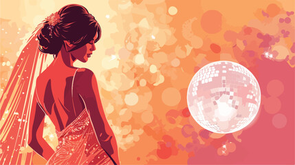 Beautiful young bride with disco ball on color background