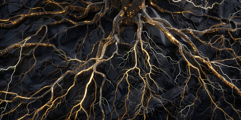 close-up shot reveals the intricate network of lightning electrical cables forming the pattern of tree roots, symbolizing the fusion of nature and technology