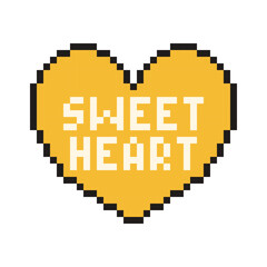 Pixel heart with text Sweetheart in retro style. Vintage love symbol, 8 bit vector illustration for computer game.
