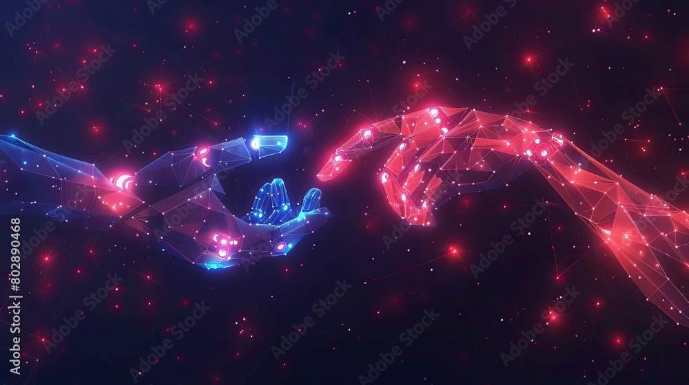Poster 3d polygonal vector illustration depicting a robot hand and a human hand clasping a processor, symbo