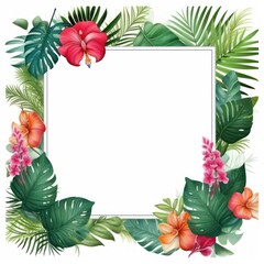 Botanical Floral Frame with Tropical Leaves and Flowers