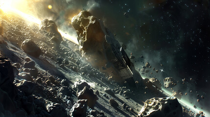 Illustrate a scene depicting humans mining asteroids for precious metals and resources