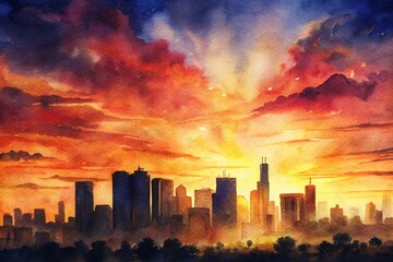 Urban Sunset: Urban skyline silhouetted against a fiery sunset sky, with splatters of warm colors capturing the dynamic energy of the city at dusk.
