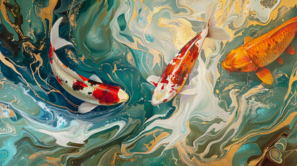 Abstract fluid expression koi fish swimming in water, Asian feng shui illustration, Aesthetics colorful nature inspirational tenderness illustration, oil paint, Wall decoration photo, Generated AI.