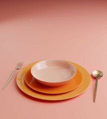 Trendy Vintage place setting. Empty orange and pink plates, golden fork and spoon isolated on pink background. Minimal Elegant 3d rendering illustration.