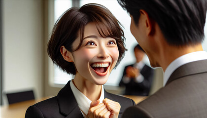 嬉しい知らせを聞いて喜ぶ日本人の若手ビジネス女性