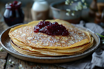 A stack of pancakes with lingonberry sauce on a plate on a wooden table. Swedish cuisine dish. Generated by artificial intelligence