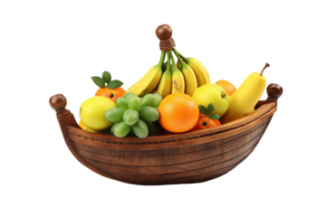 Harvesting Abundance: A Wooden Boat Overflowing With Vibrant Fruits. On a White or Clear Surface PNG Transparent Background.