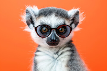 Charming lemur posing in stylish glasses against a bright orange background.