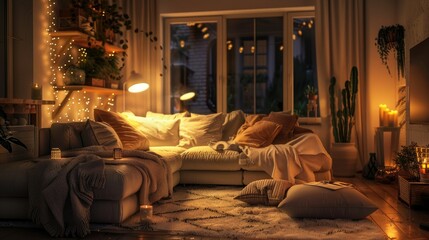 3D rendering of cozy living room with neutral decor and warm lighting