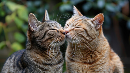 Affectionate moment between two cats sharing a gentle kiss.