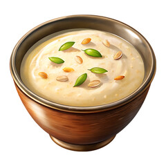 Tasty creamy kheer with different nuts and raisins on transparent background