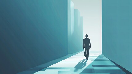 Businessman walking through a narrow corridor between high buildings with shadows
