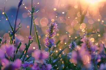 Fresh spring meadow dew glistening at dawn