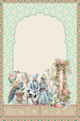 Mughal pattern frame with seated couple, peacock, bird, flower, tree illustration for wedding invitation
