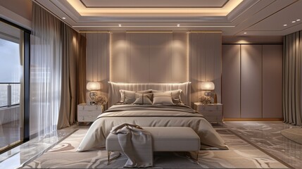 3D rendering of elegant bedroom with minimalist decor and soft lighting