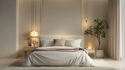 3D rendering of elegant bedroom with minimalist decor and soft lighting