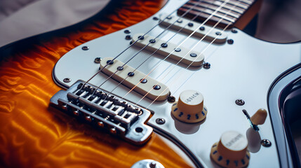Sunburst Electric Guitar with Rosewood Fretboard and White Pickguard - Closeup Detail