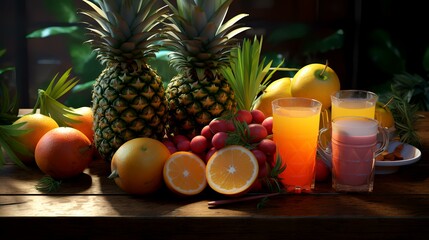 Pineapple juice in a glass and fresh fruits on a wooden table