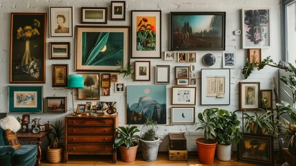 Eclectic gallery wall showcasing a mix of artwork and photographs.