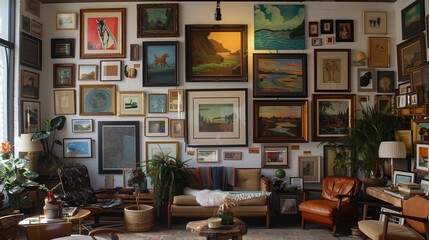 Eclectic home gallery wall with an assortment of framed artwork.