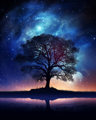 A mystical silhouette of a lone tree against a cosmos background filled with stardust, creating a surreal and enchanting night sky scene.