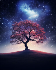 A mystical silhouette of a lone tree against a cosmos background filled with stardust, creating a surreal and enchanting night sky scene.