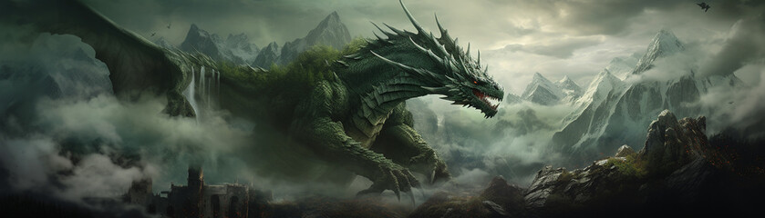 A powerful green dragon perched atop a rugged mountain, emitting a fearsome aura, suitable for fantasy literature or dramatic artworks.