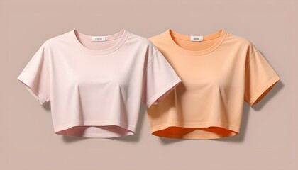 2 Set of pastel light pink beige woman loose cropped midriff tee t shirt round neck front, back and side view on transparent background cutout, PNG file. Mockup template for artwork graphic design