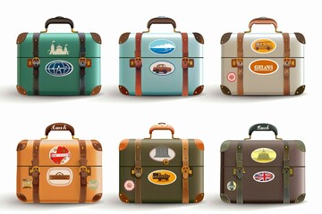 Four classic suitcases adorned with colorful travel stickers stacked on top of each other. Generative AI