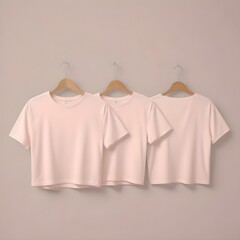 2 Set of pastel light pink beige woman loose cropped midriff tee t shirt round neck front, back and side view on transparent background cutout, PNG file. Mockup template for artwork graphic design