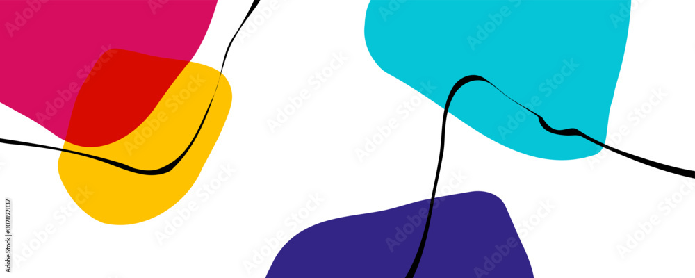 Poster abstract background with various curved bright colored shapes and black bent lines for creative grap