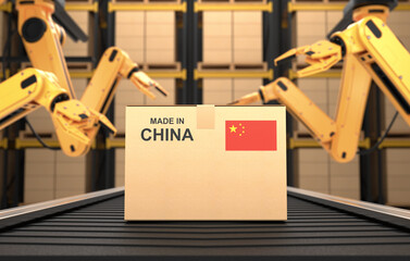The robot arm is working in the factory, Product is made in China. 3D illustration