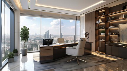 Executive office corner office with a panoramic city view and modern decor.