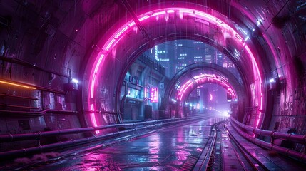 A futuristic city street begins with a tunnel illuminated by purple neon lights. This photorealistic 3D illustration depicts a night scene in a city of the future, featuring cyberpunk aesthetics.