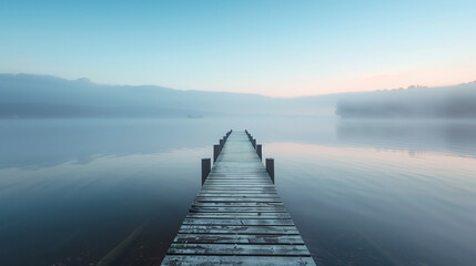 Obraz premium Wooden Pier Extend Into A Calm Blue With Green Hue Coloured Lake. Mountain Surrounded The Lake Giving A Beautiful Nature View