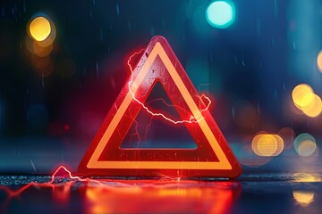 A red triangle sign placed on top of a wet floor, indicating danger and warning individuals of the slippery surface. Generative AI