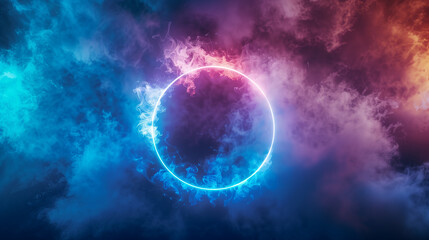 Fototapeta premium Abstract background of glowing neon lights of blue pink colors on circle shaped lines