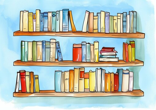 Colorful Assortment of Books on Wooden Shelves Illustration